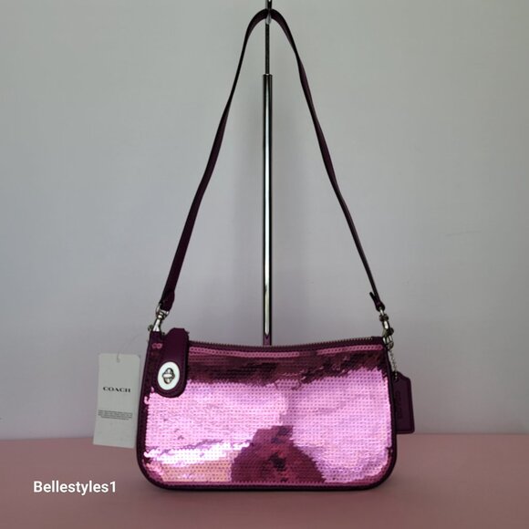 COACH Penn Sequined & Smooth Leather Small Shoulder Bag - Dark Magenta⭐ - Picture 8 of 16